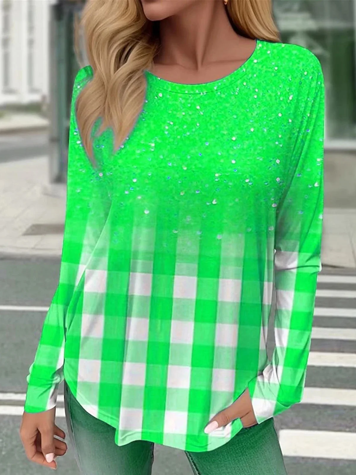 Plaid Printed Crew Neck Casual T-Shirt