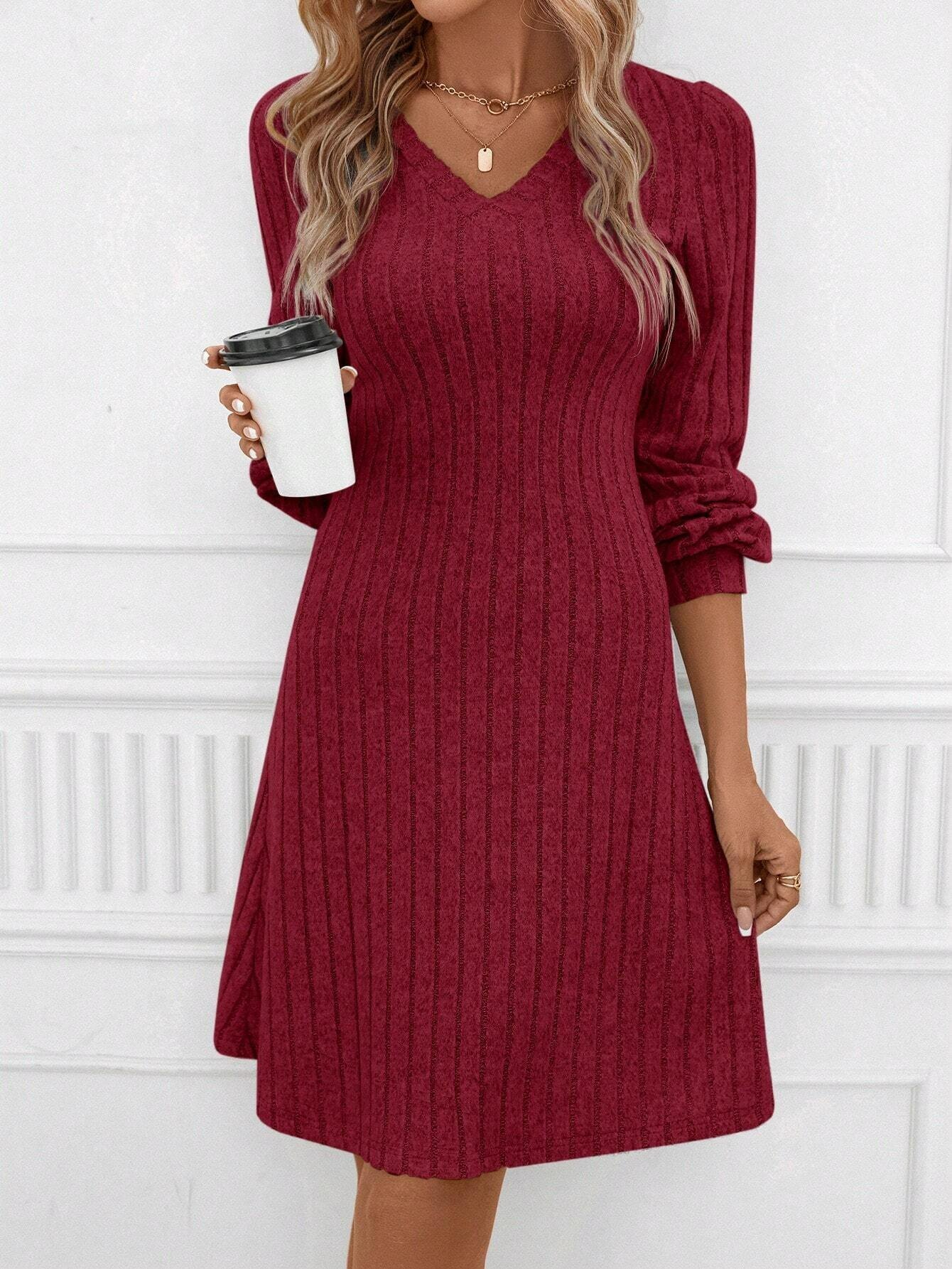 Loose V Neck Knitted Casual Dress