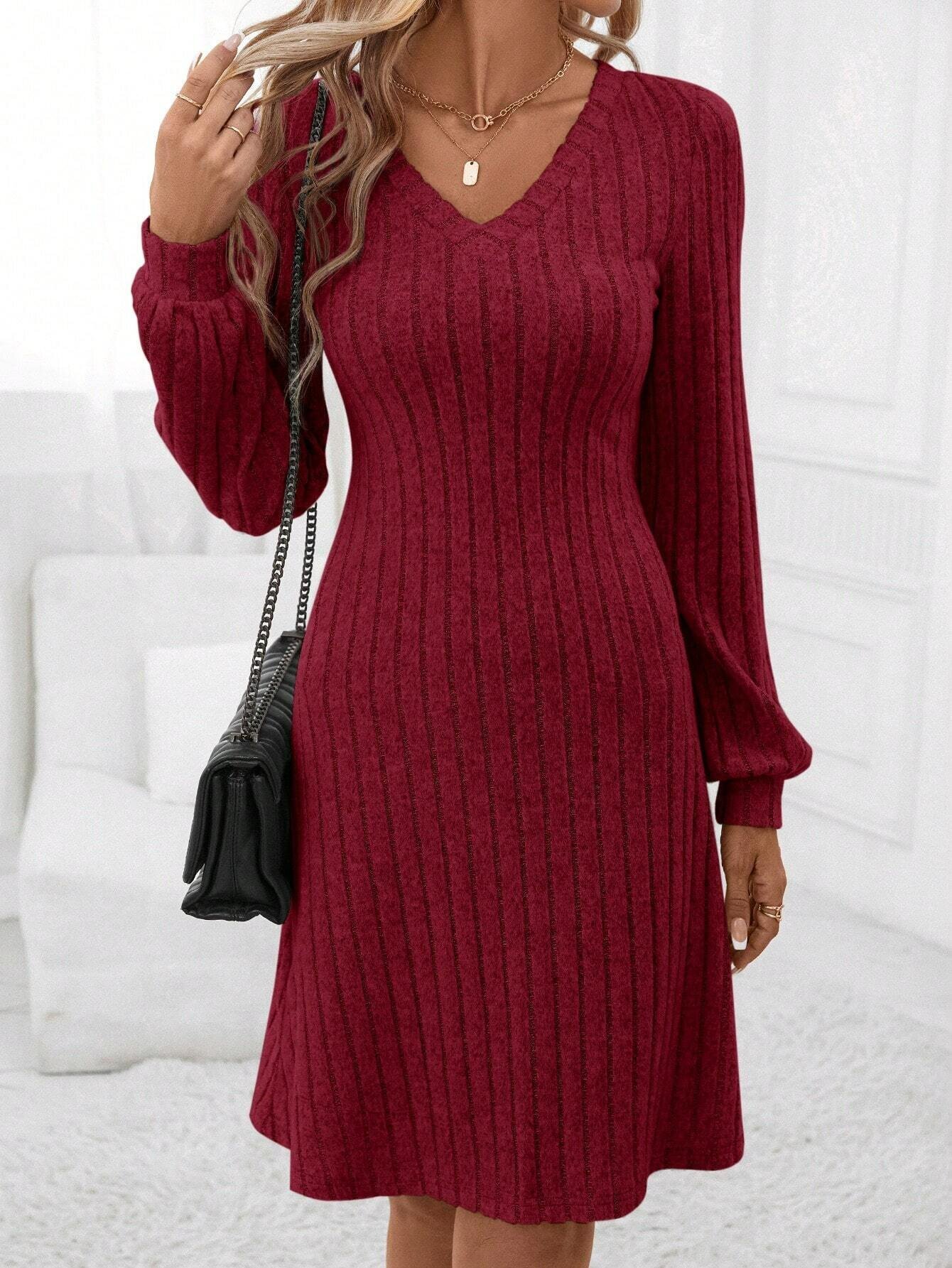 Loose V Neck Knitted Casual Dress