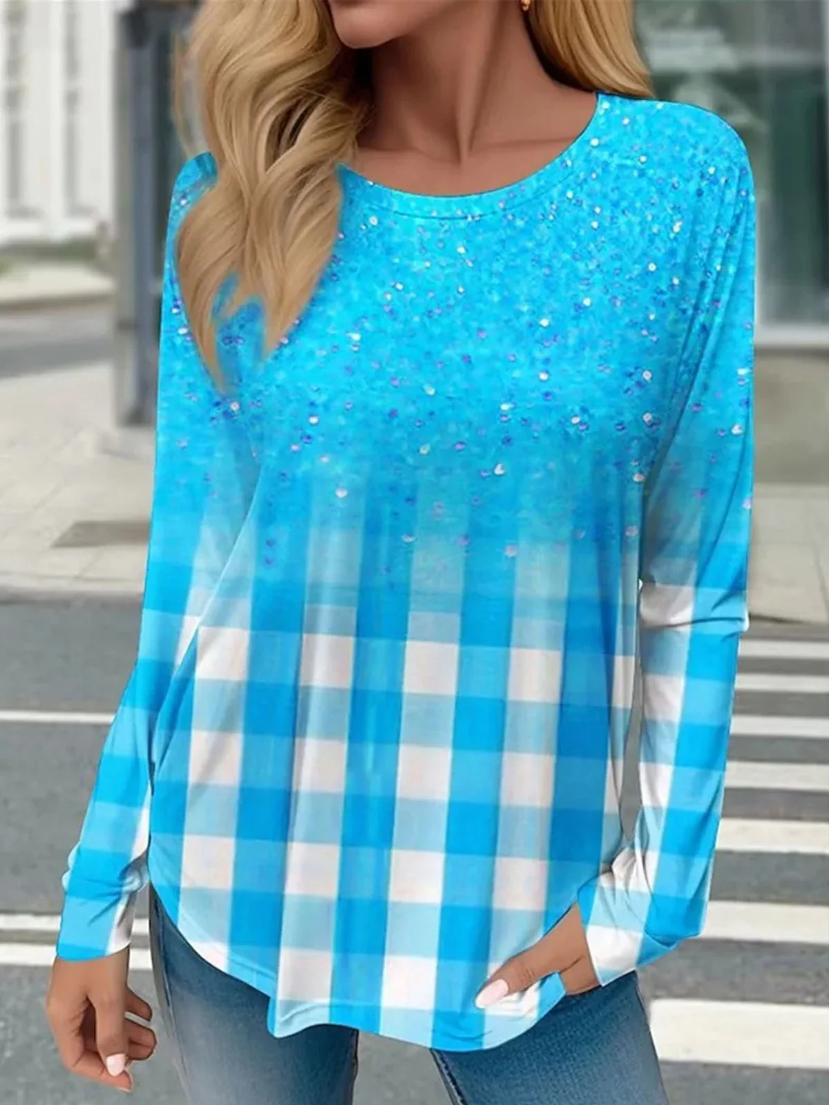 Plaid Printed Crew Neck Casual T-Shirt