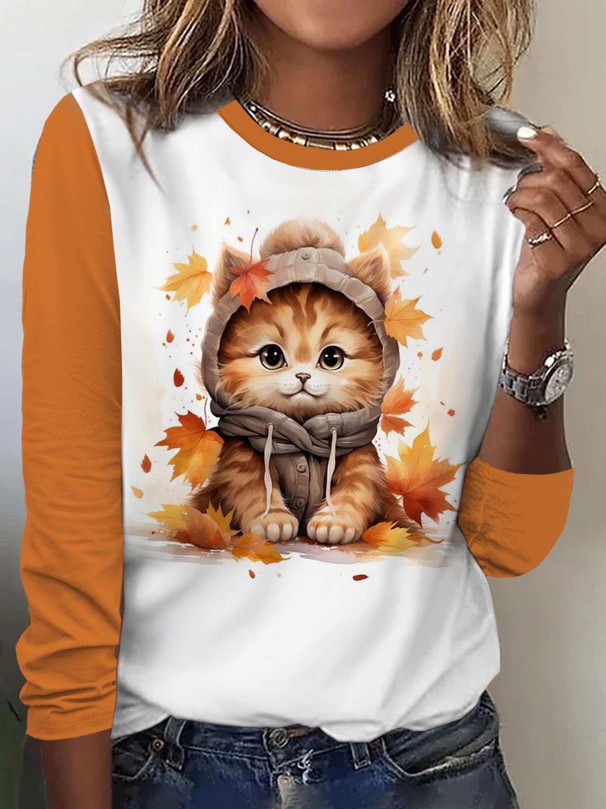 Cat print casual round neck women's T-shirt