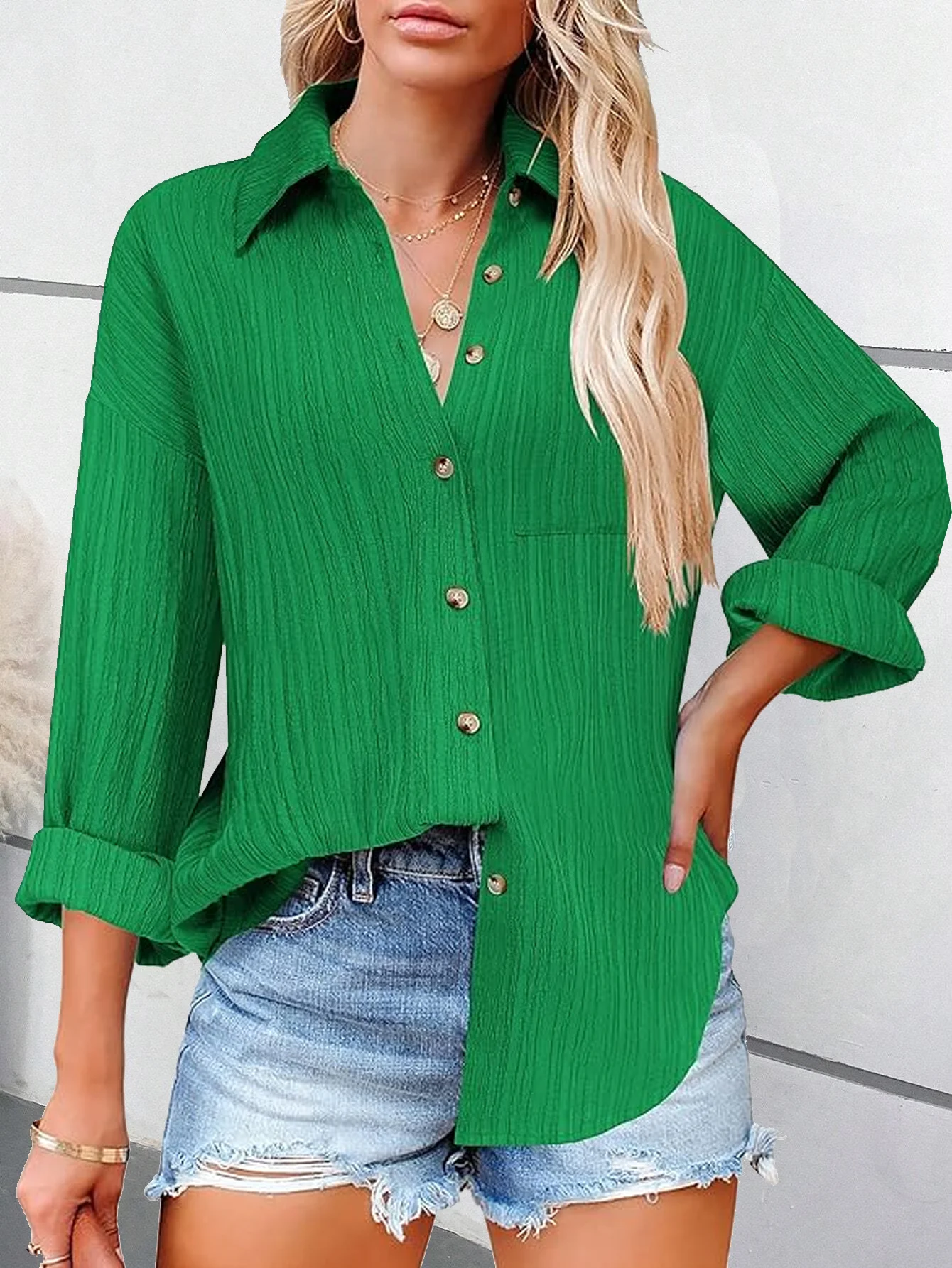 Shirred Plain Loose Casual Shirt