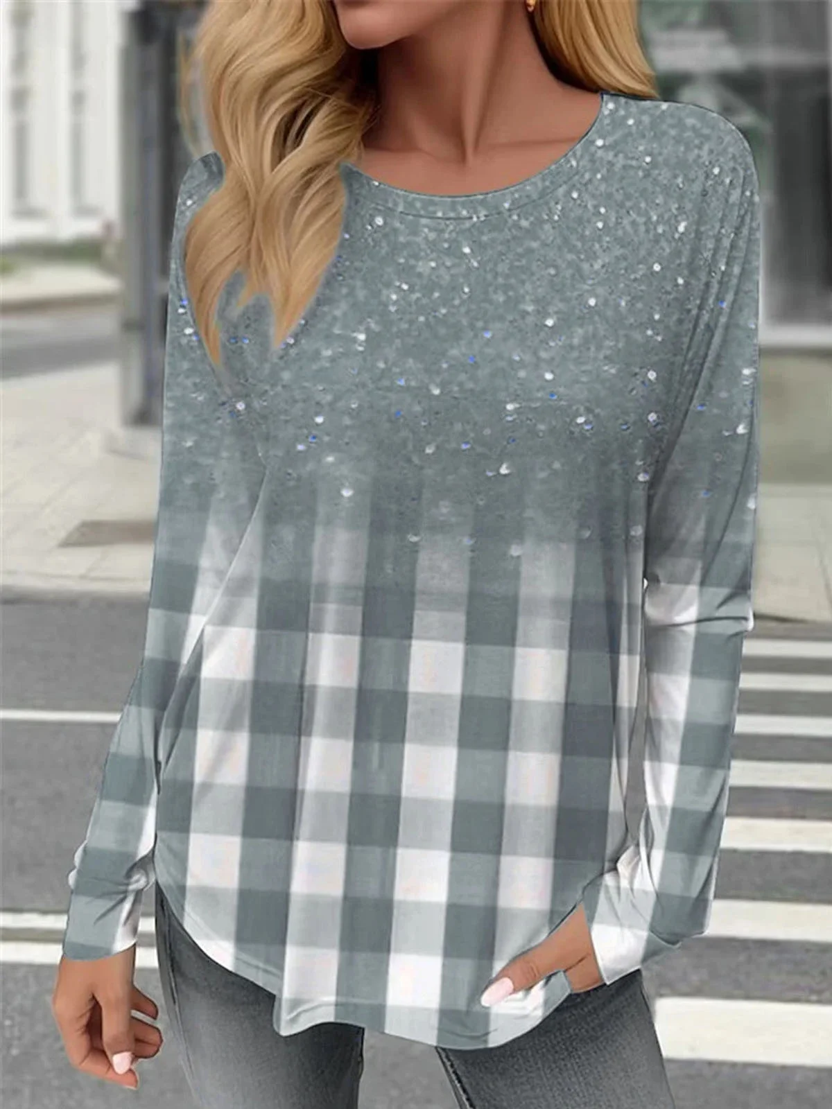 Plaid Printed Crew Neck Casual T-Shirt