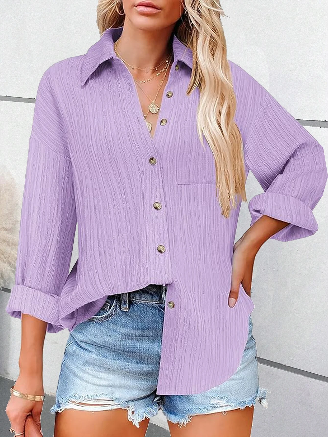 Shirred Plain Loose Casual Shirt