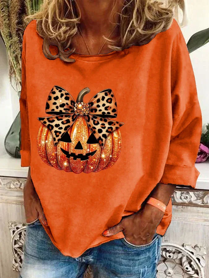 Women's Leopard Coquette Bow Pumpkin Print Casual Sweatshirt