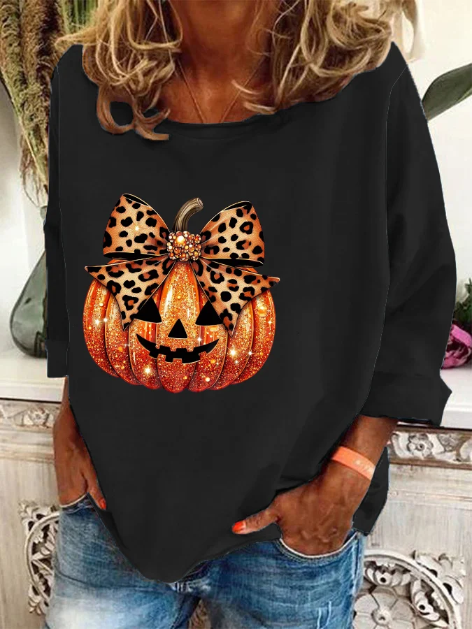 Women's Leopard Coquette Bow Pumpkin Print Casual Sweatshirt