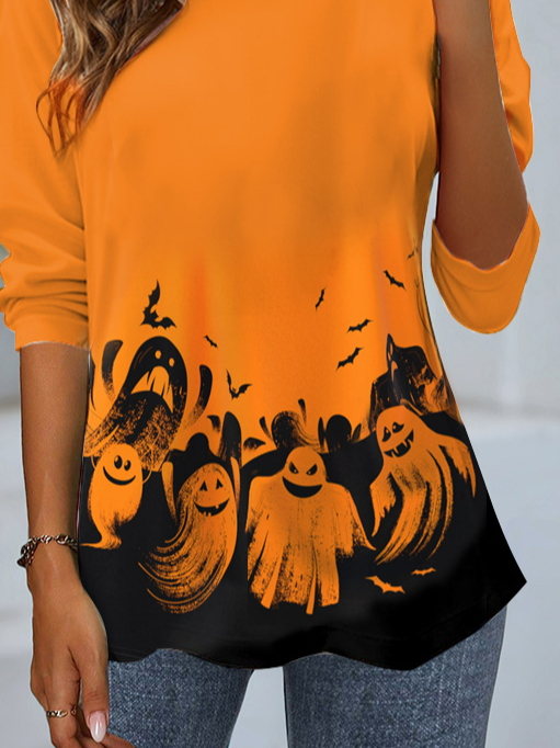 Women's Long Sleeve T-shirt Spring/Fall Orange Red Halloween Jersey Crew Neck Daily Going Out Casual Top