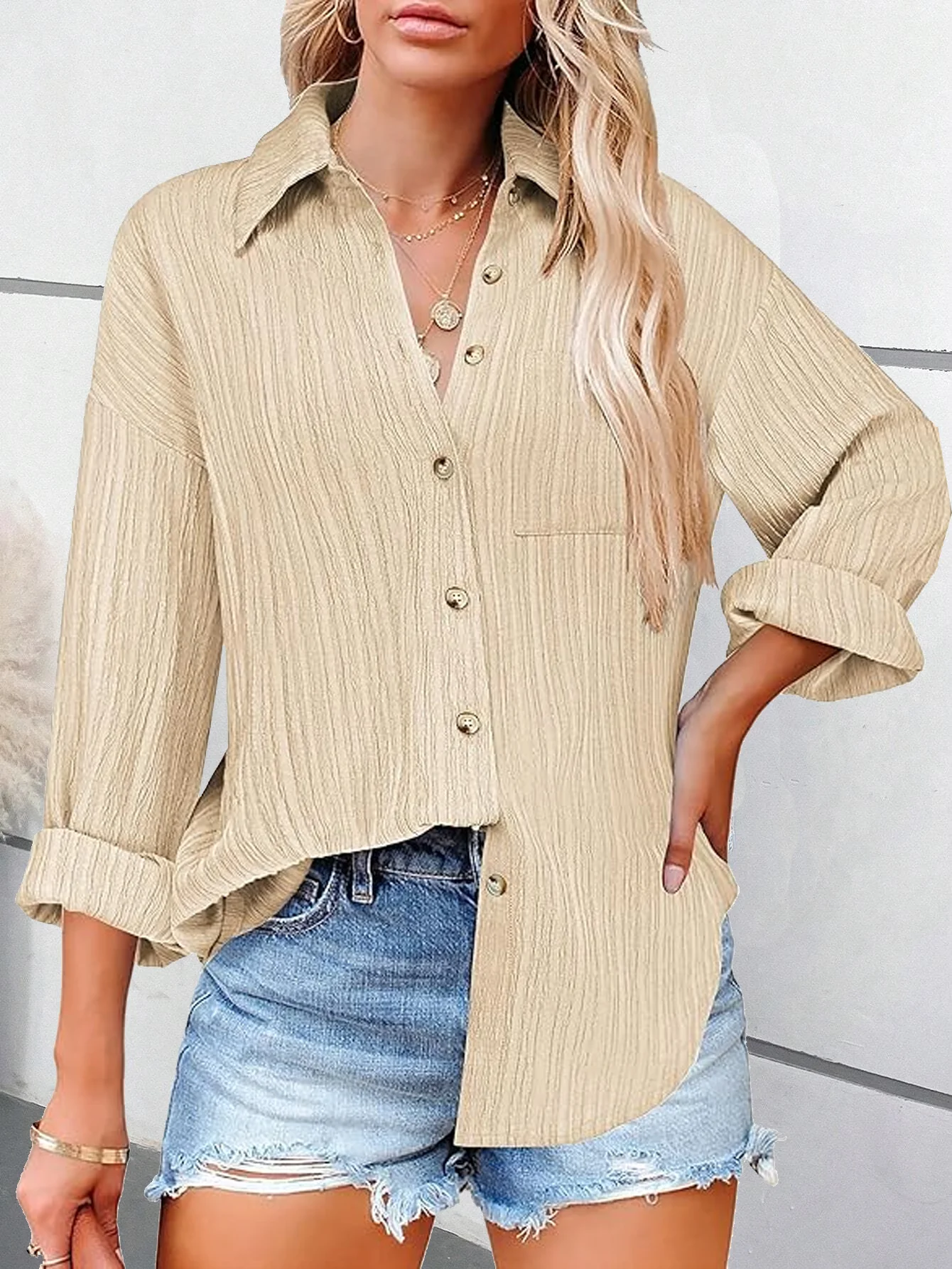 Shirred Plain Loose Casual Shirt