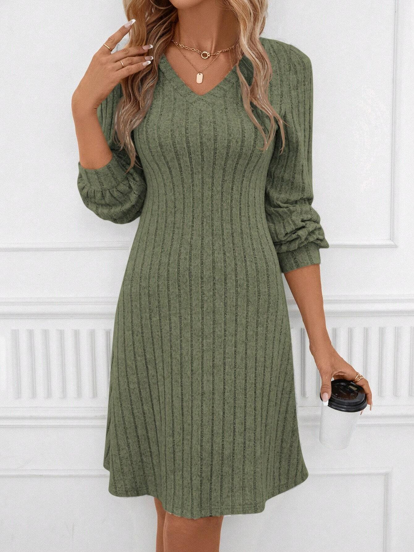 Loose V Neck Knitted Casual Dress