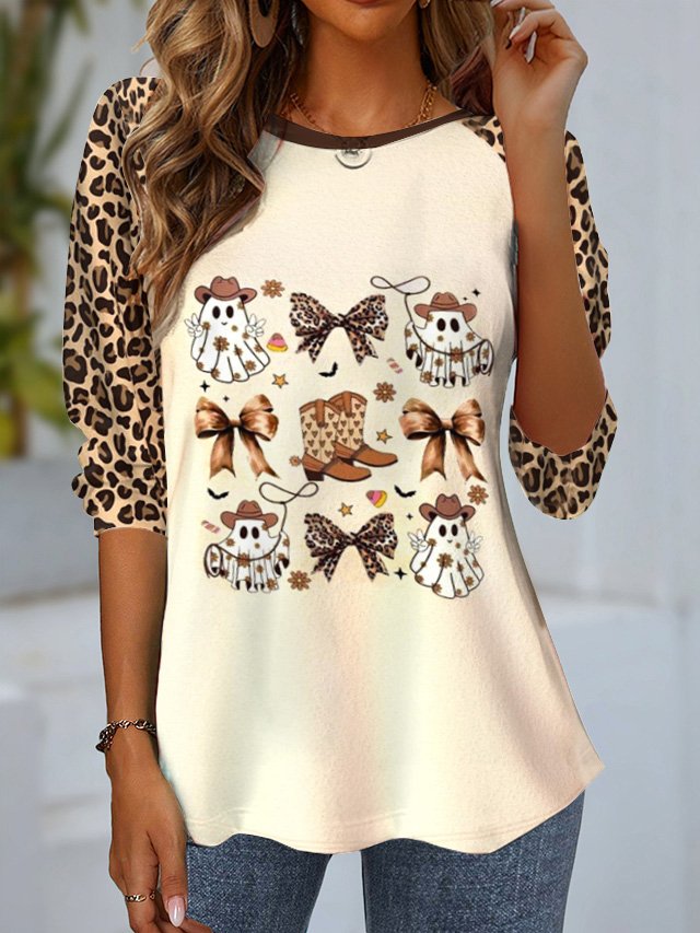 Women's Long Sleeve T-shirt Spring/Fall Apricot Leopard Jersey Crew Neck Daily Going Out Casual Top