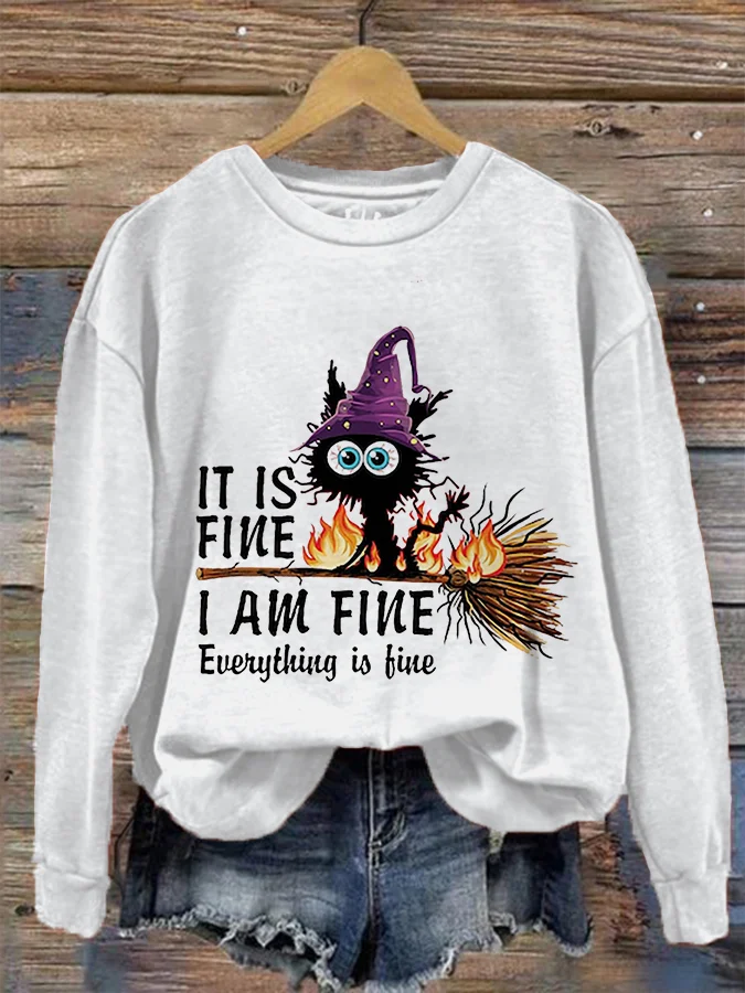 It's Fine I'm Fine Black Cat Print Crew Neck Sweatshirt