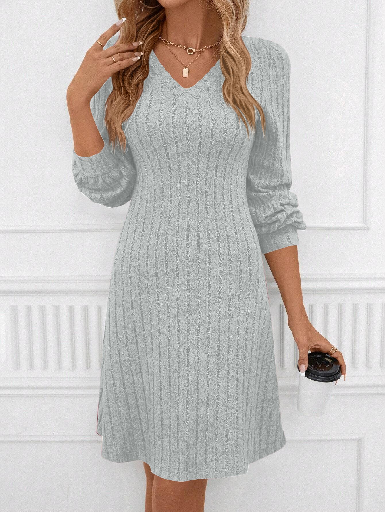 Loose V Neck Knitted Casual Dress