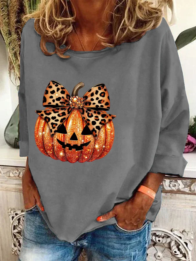 Women's Leopard Coquette Bow Pumpkin Print Casual Sweatshirt