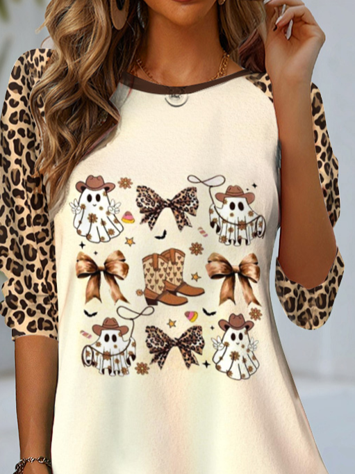 Women's Long Sleeve T-shirt Spring/Fall Apricot Leopard Jersey Crew Neck Daily Going Out Casual Top