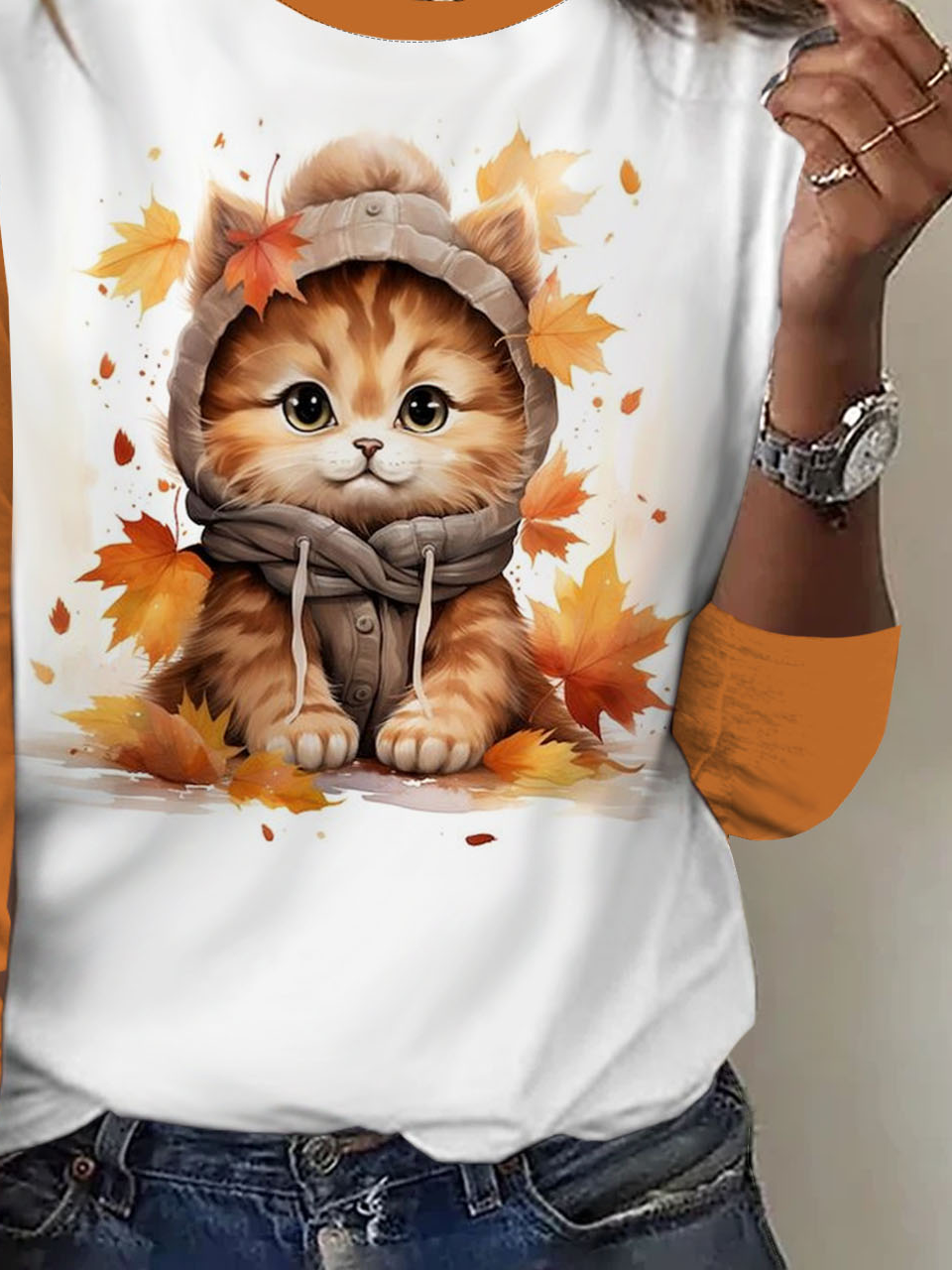 Cat print casual round neck women's T-shirt