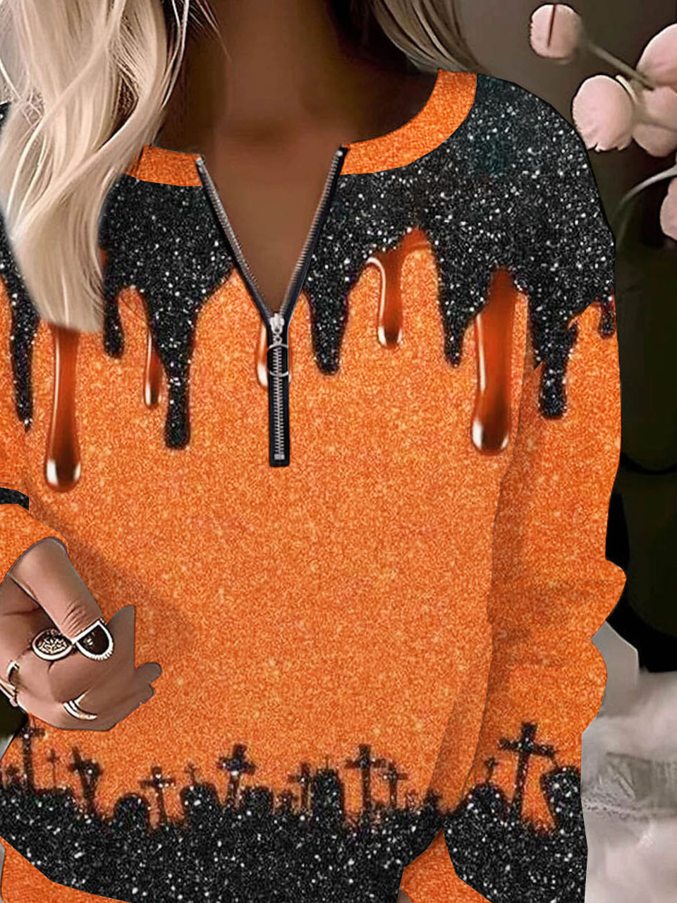 Halloween printed collar zipper casual pullover sweatshirt