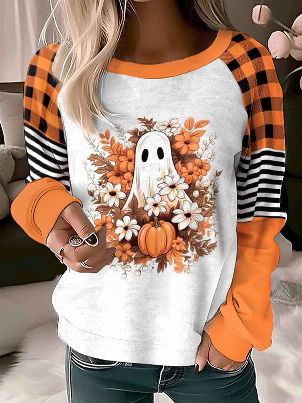 Spring/Fall Crew Neck Plaid Casual Loose Geometric Plaid Halloween Sweatshirt