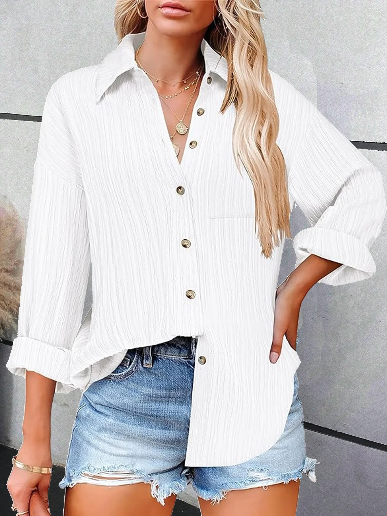 Shirred Plain Loose Casual Shirt