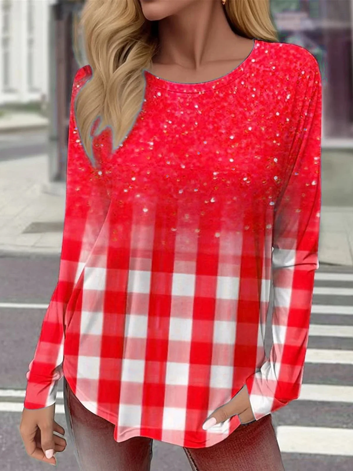 Plaid Printed Crew Neck Casual T-Shirt