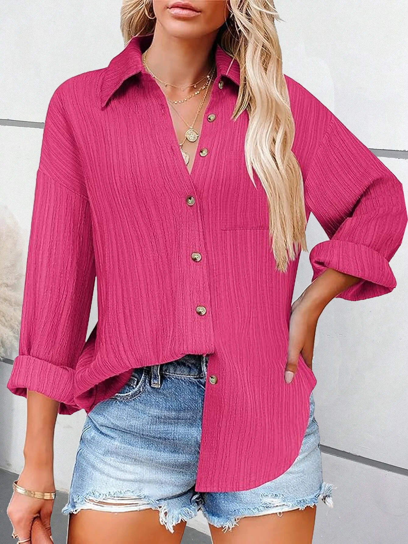 Shirred Plain Loose Casual Shirt