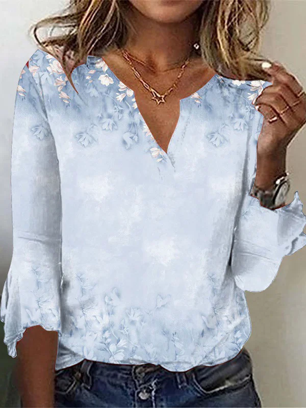 Loose Floral Casual Notched T-Shirt