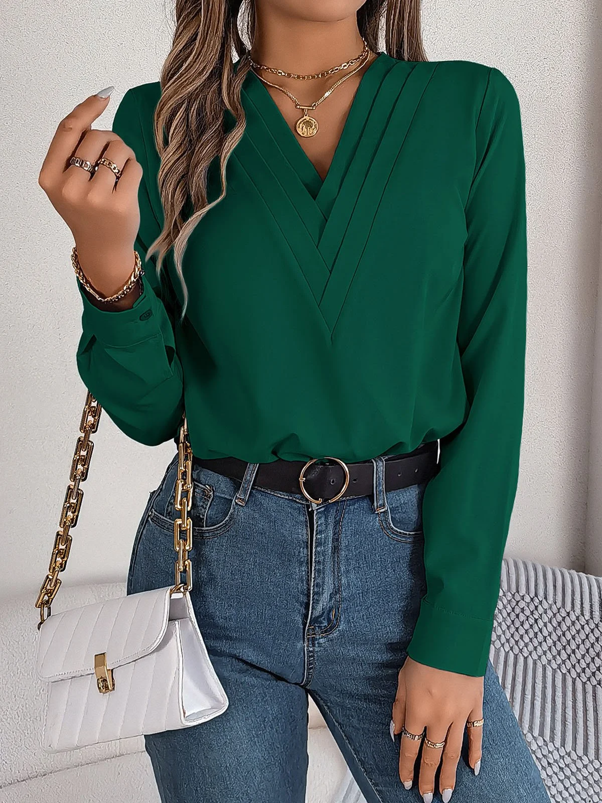 Loose Plain V Neck Casual Blouse