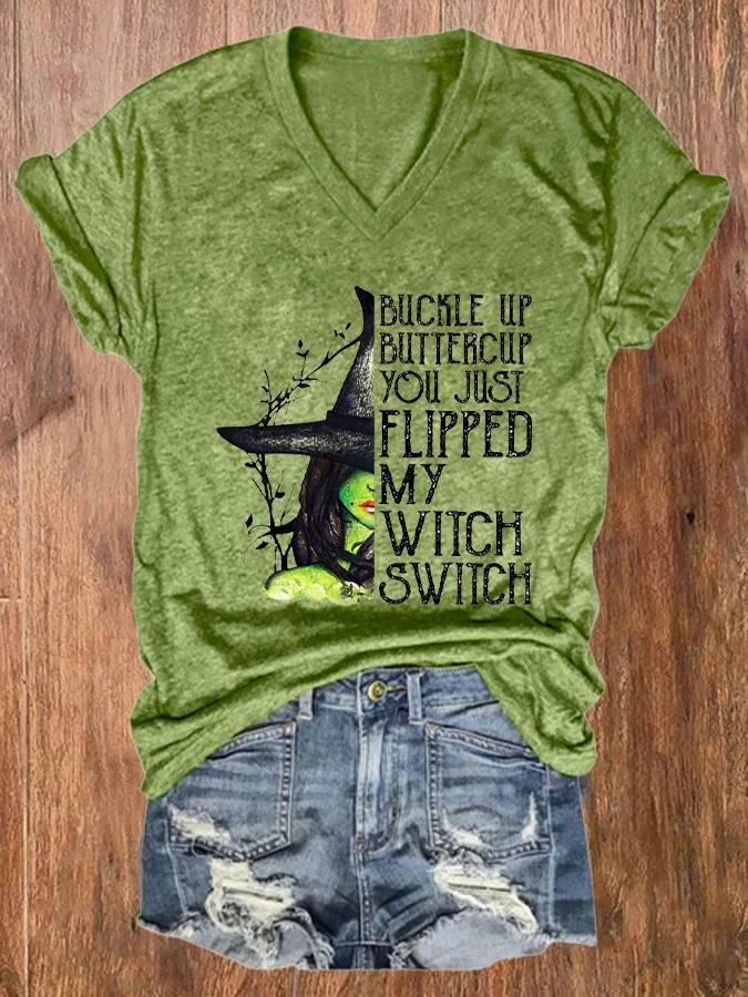 Women's Halloween Buckle Up Buttercup You Just Flipped My Witch Switch Casual T-Shirt