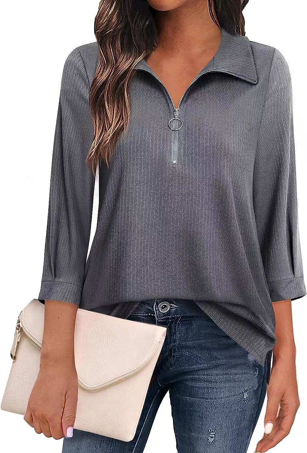 Women's Three Quarter Sleeve Blouse Spring/Fall Blue Plain Zipper Shirt Collar Daily Going Out Casual Top