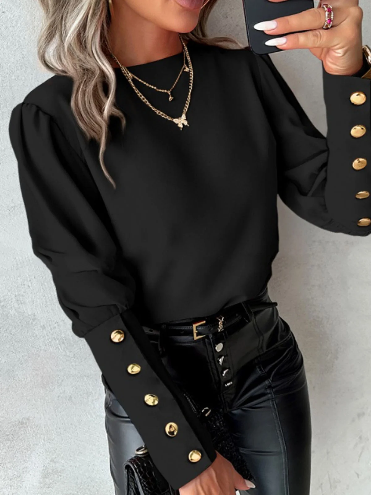 Casual Plain Back Lace Lace-Up Crew Neck Blouse