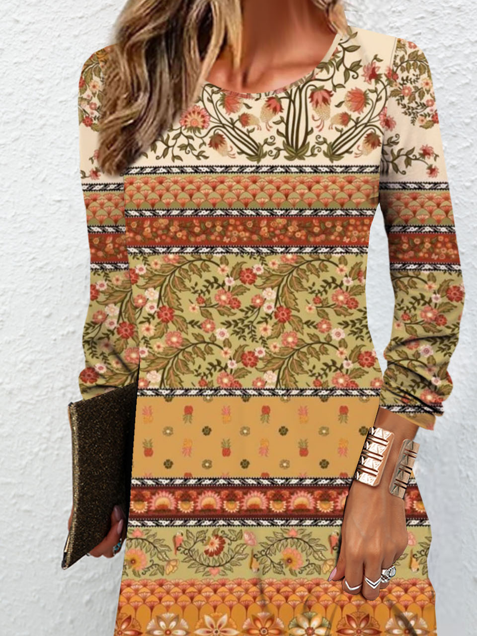 Floral ethnic pattern printed round neck casual long sleeved women's dress