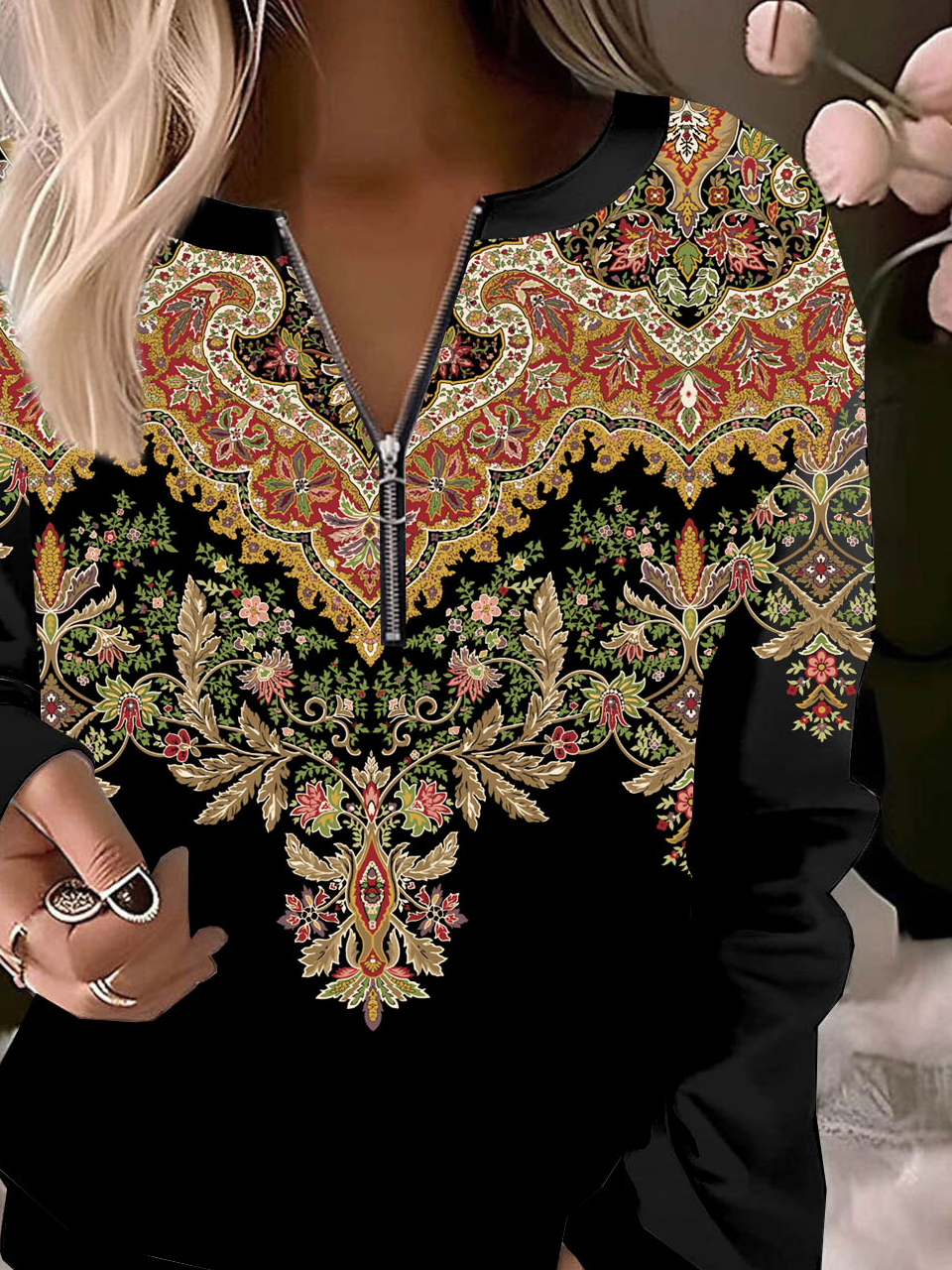 Ethnic print zipper casual long sleeved women's pullover sweatshirt