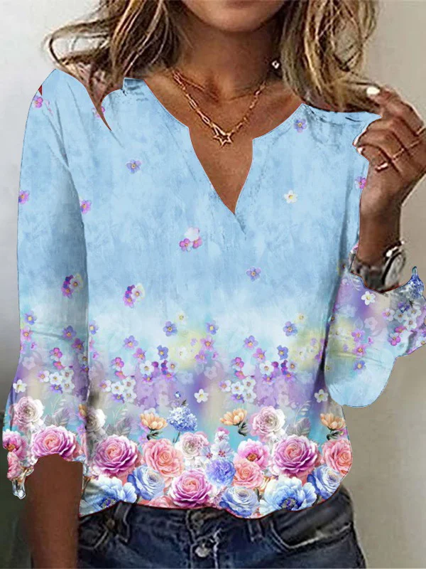 Loose Floral Casual Notched T-Shirt