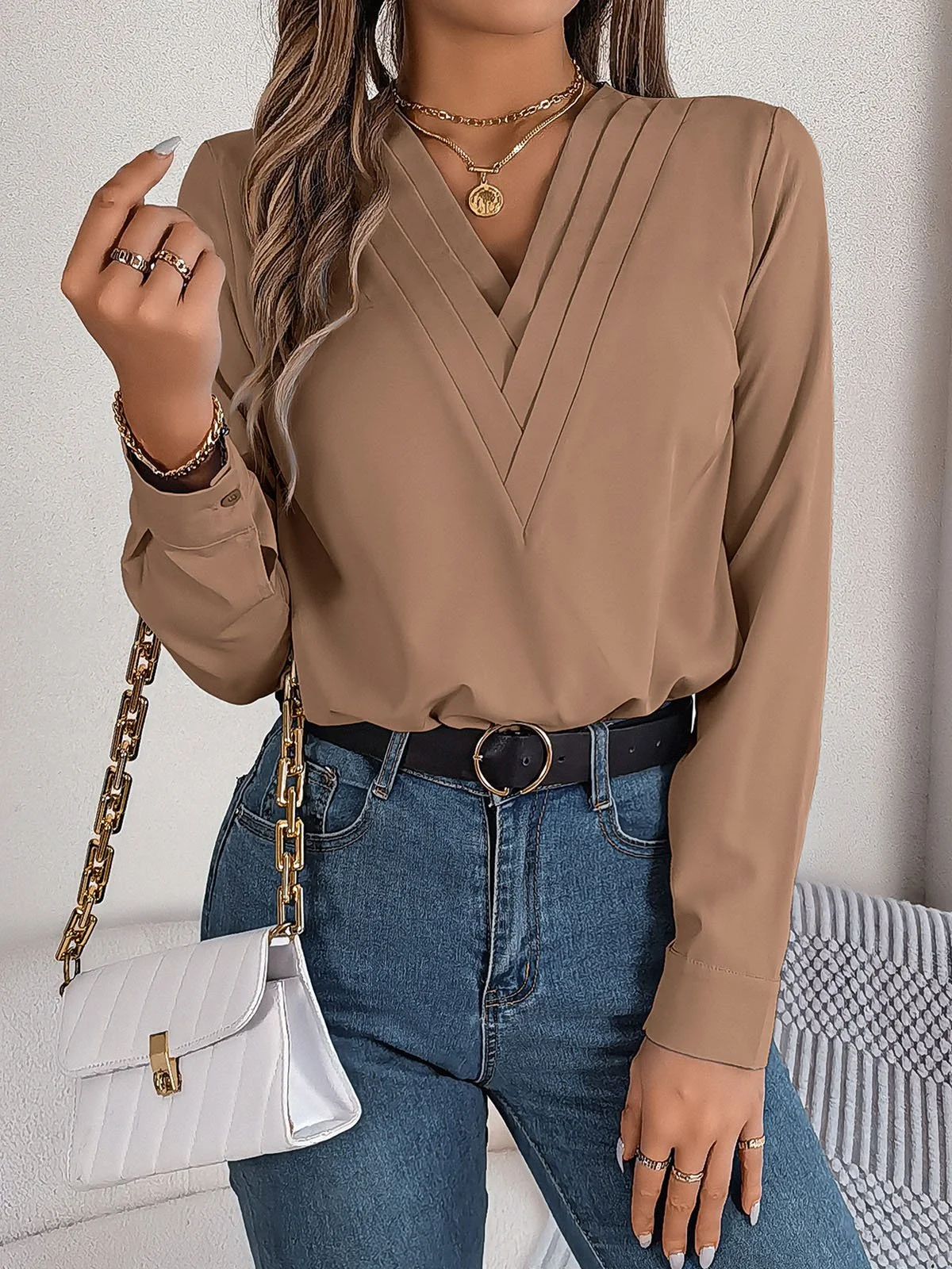 Loose Plain V Neck Casual Blouse