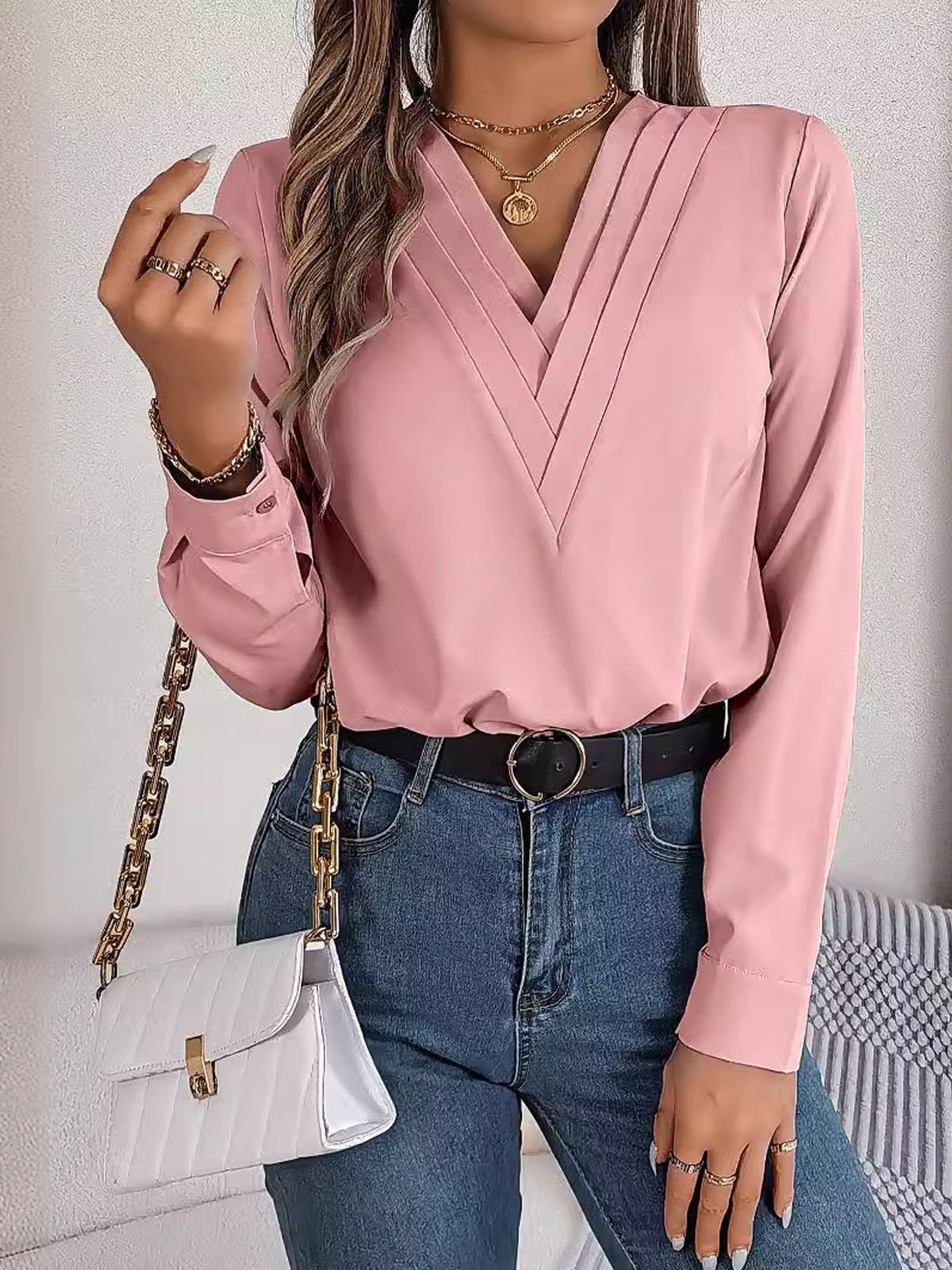 Loose Plain V Neck Casual Blouse