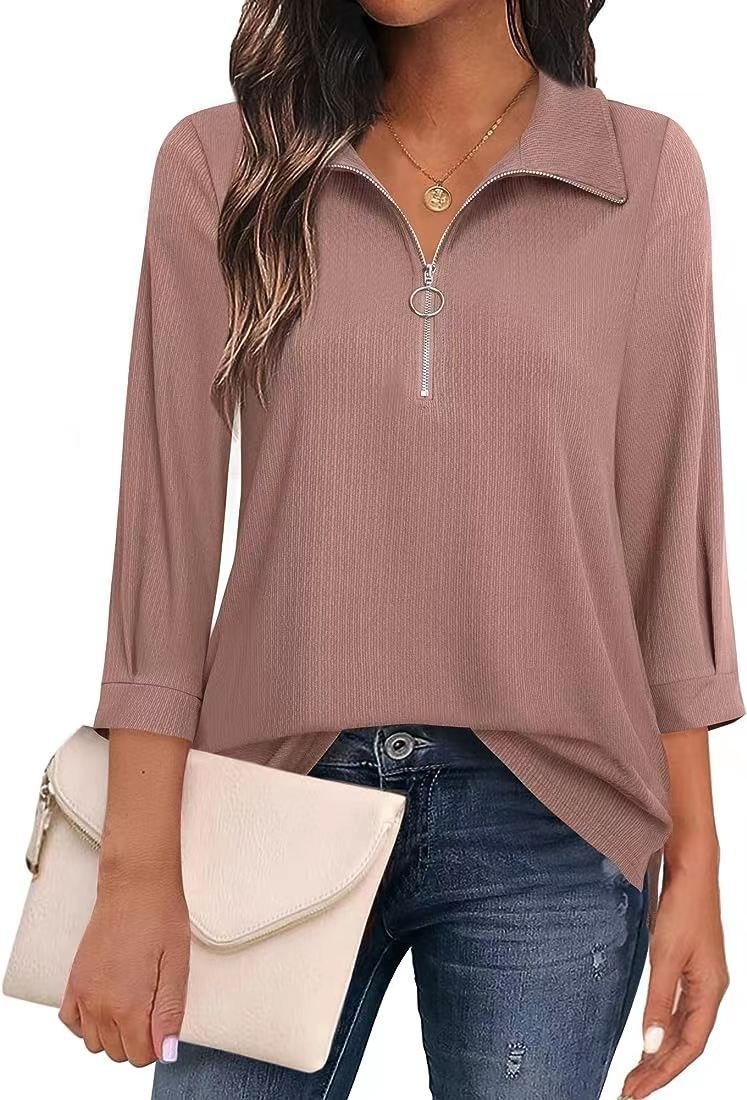 Women's Three Quarter Sleeve Blouse Spring/Fall Blue Plain Zipper Shirt Collar Daily Going Out Casual Top