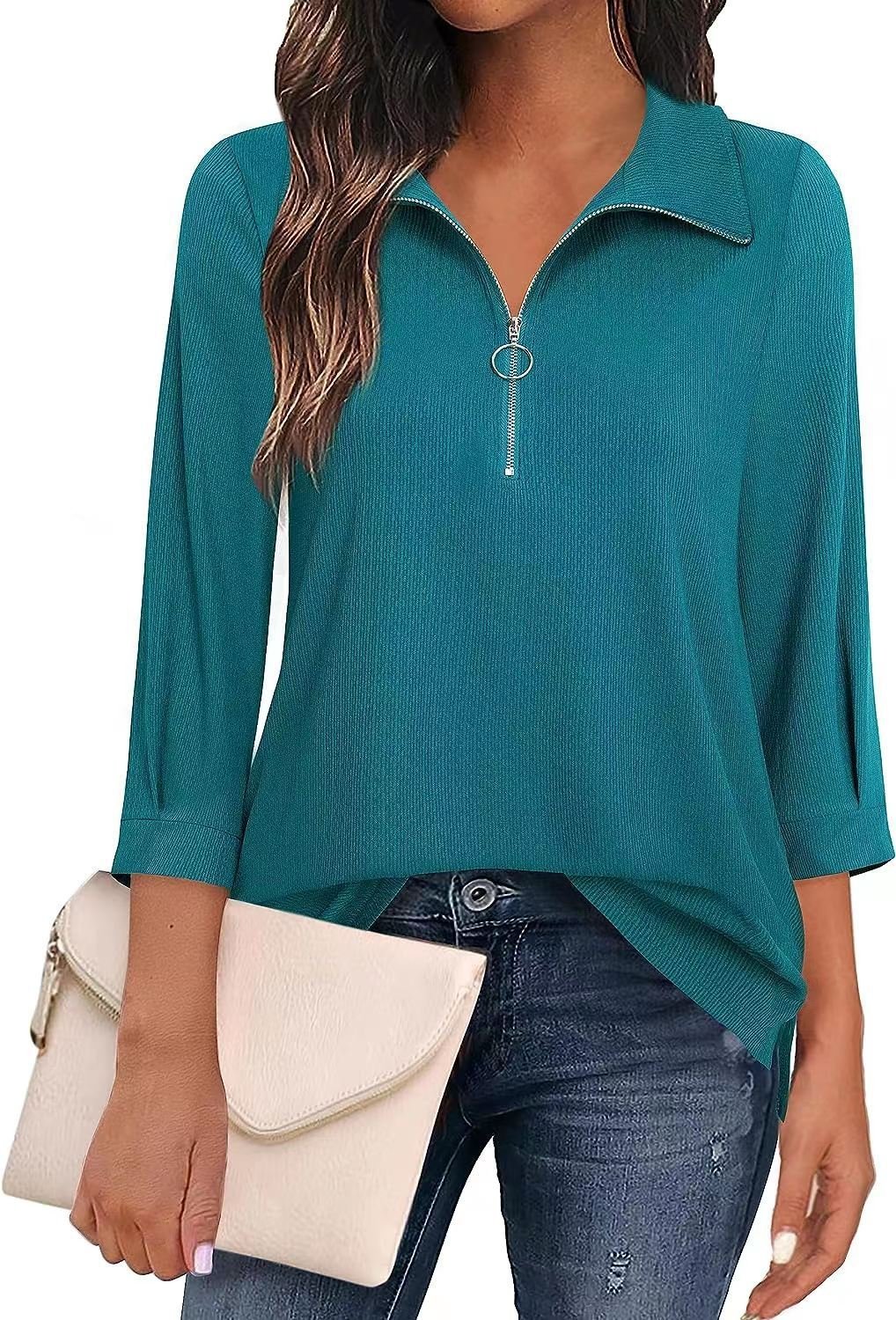 Women's Three Quarter Sleeve Blouse Spring/Fall Blue Plain Zipper Shirt Collar Daily Going Out Casual Top