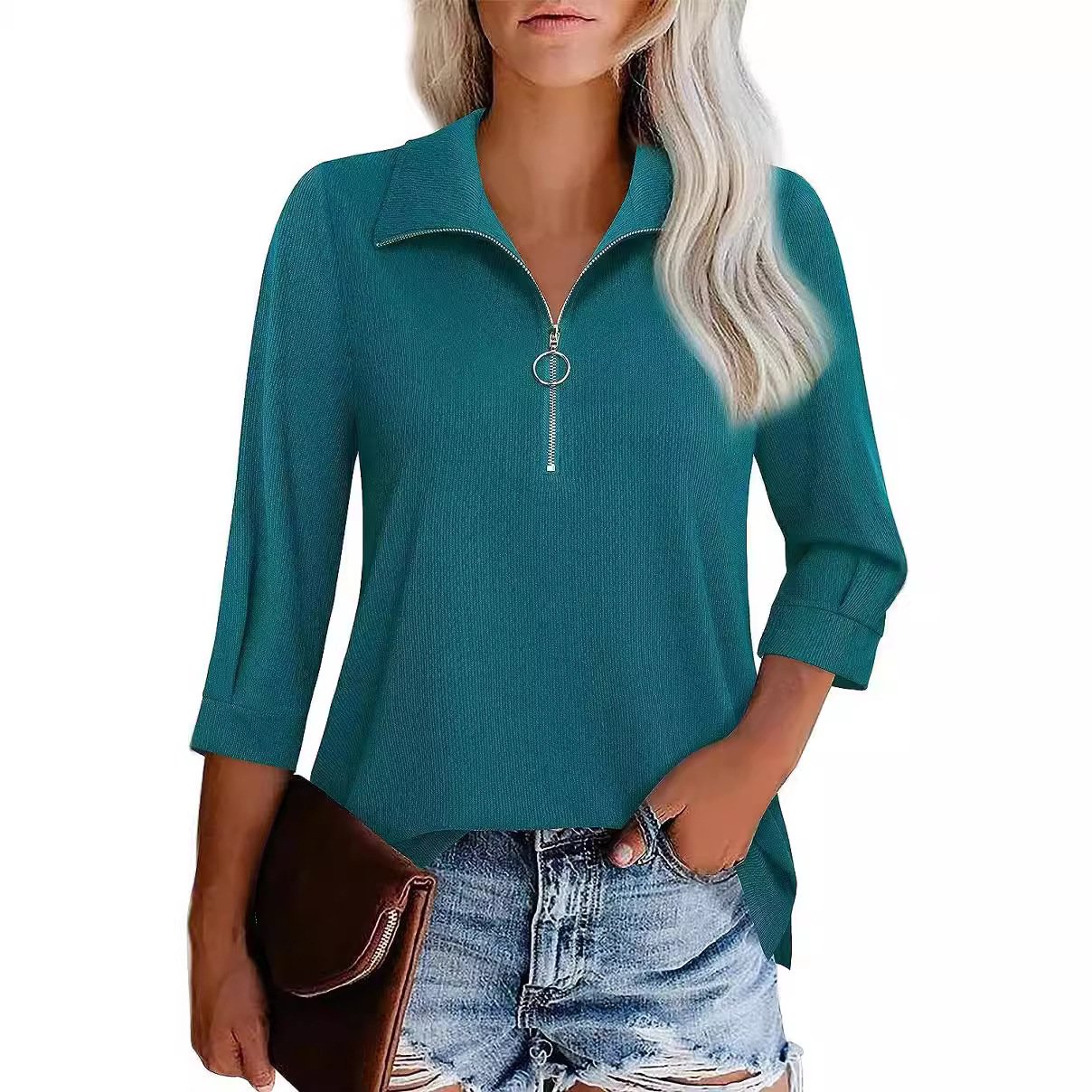 Women's Three Quarter Sleeve Blouse Spring/Fall Blue Plain Zipper Shirt Collar Daily Going Out Casual Top