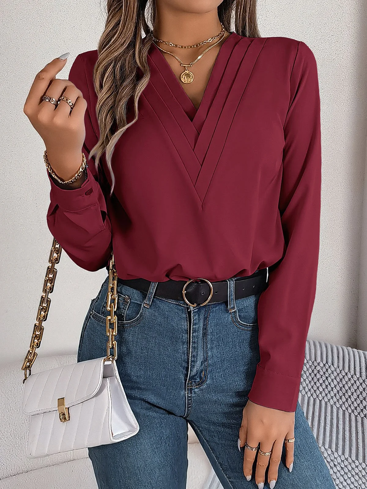 Loose Plain V Neck Casual Blouse