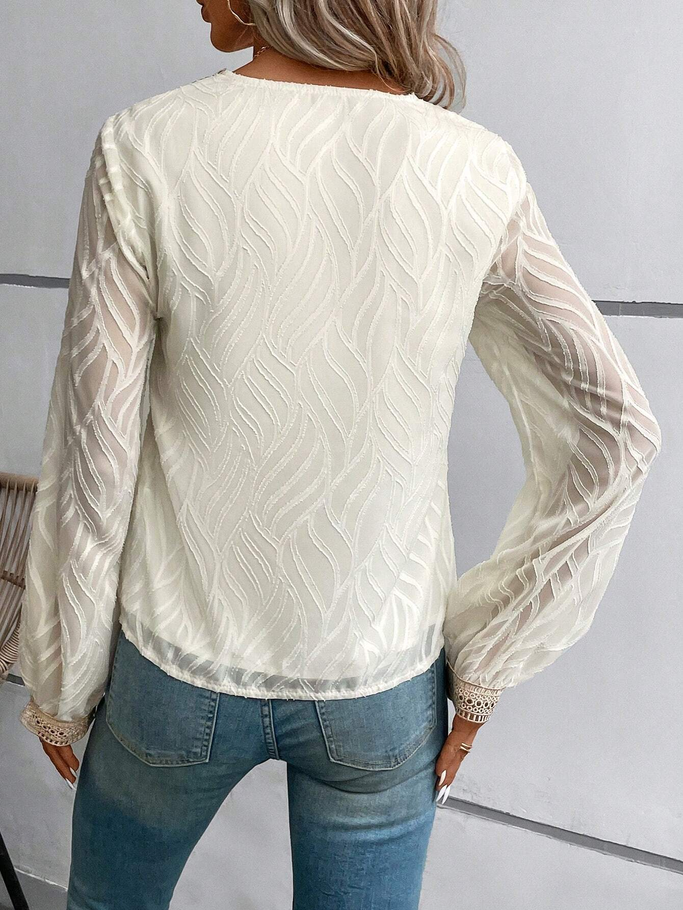 V Neck Casual Lace Edge Jacquard Blouse