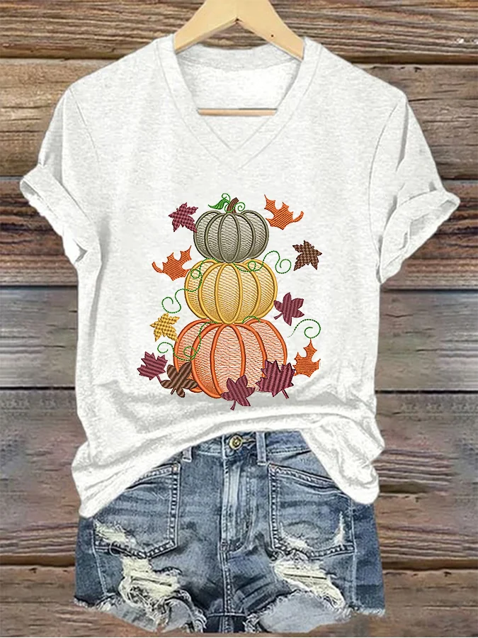 Women's Thanksgiving Pumpkin Maple Leaves Printed T-Shirt