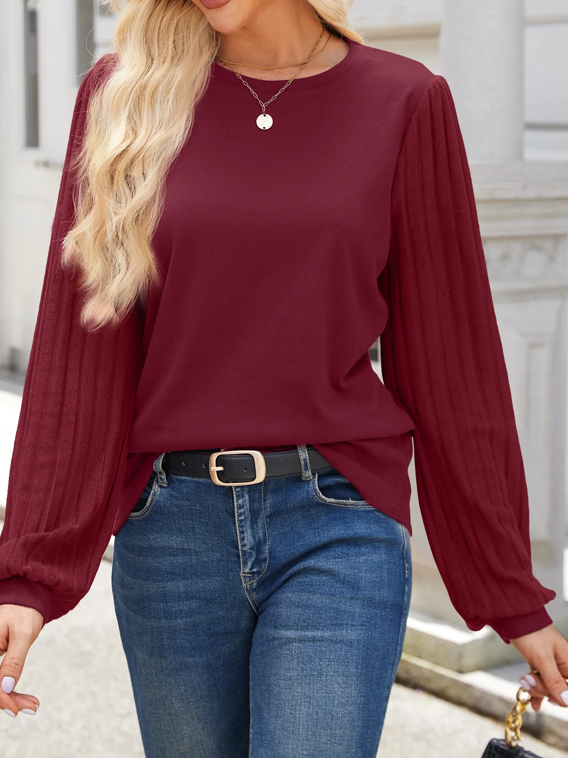 Women's Long Sleeve Blouse Spring/Fall Wine Red Plain Knitted Crew Neck Balloon Sleeve Daily Going Out Casual Top