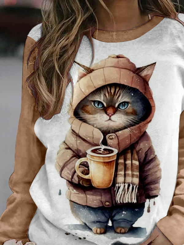 Cat Loose Casual Crew Neck Sweatshirt