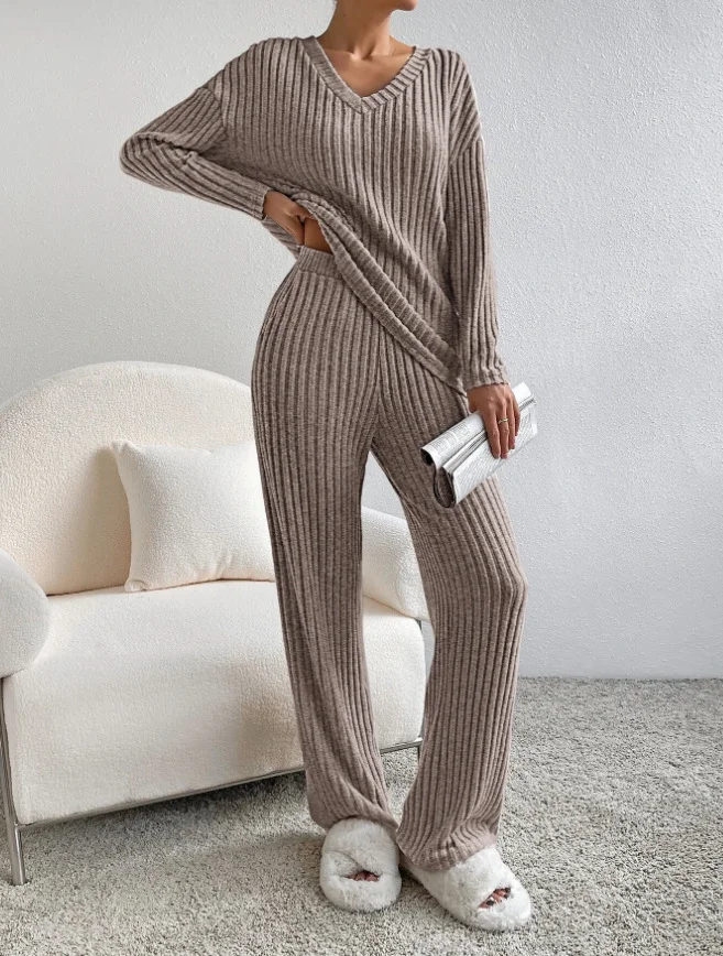 Jersey Casual Plain V Neck Two-Piece Set