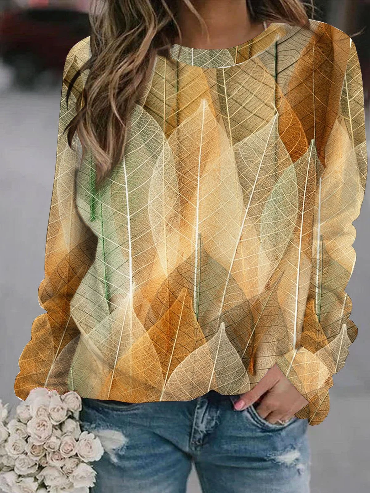 Leaf print round neck casual pullover sweatshirt