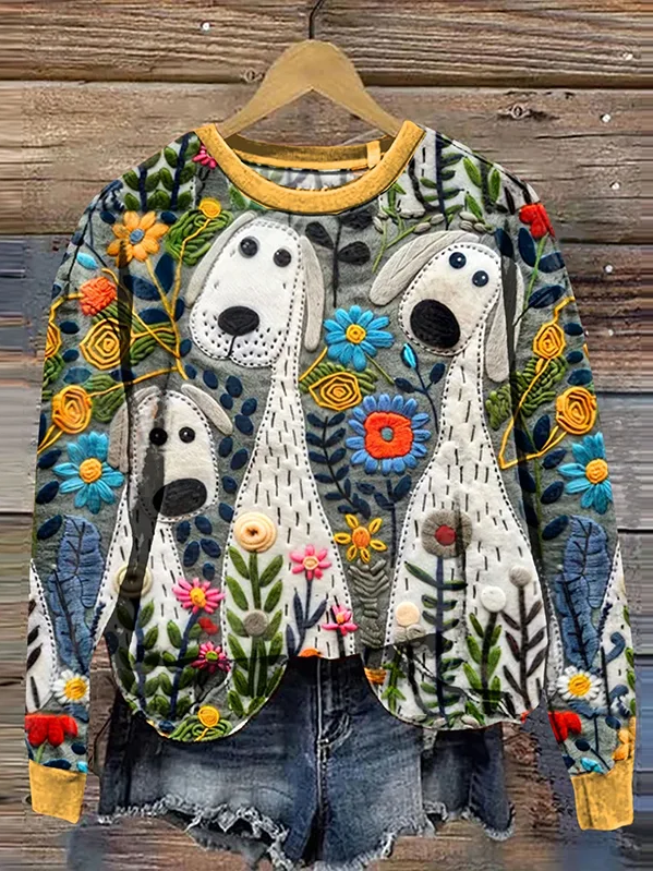 Cute Dog Art And Floral Casual Sweatshirt