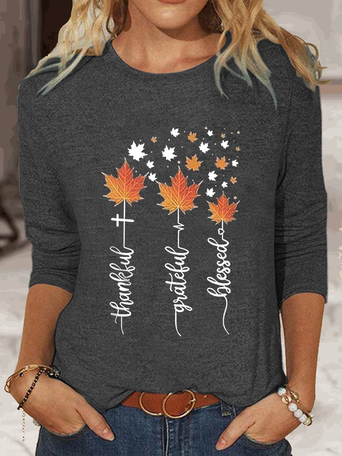 Maple Leaf Printed Casual Round Neck Women's T-shirt