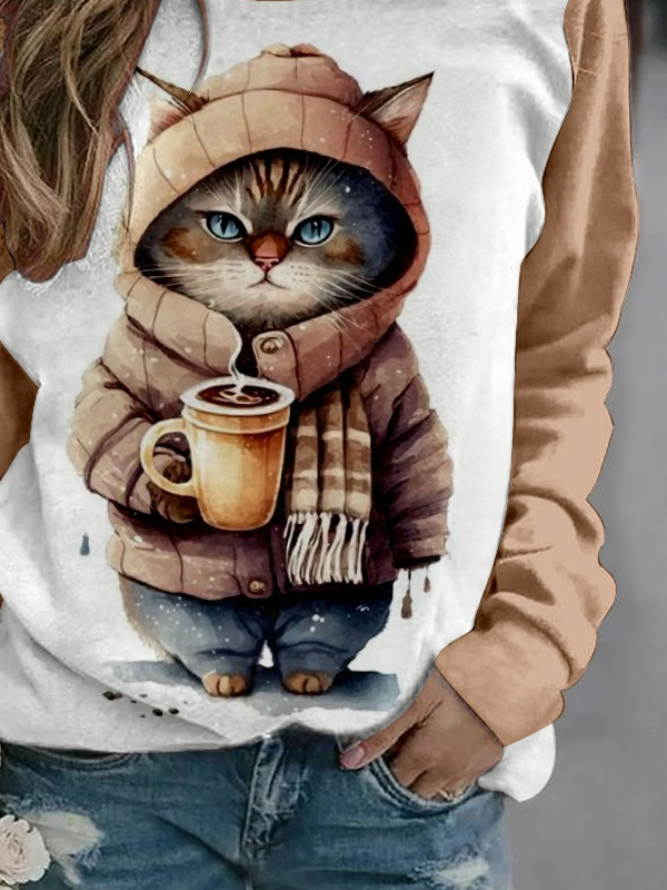 Cat Loose Casual Crew Neck Sweatshirt