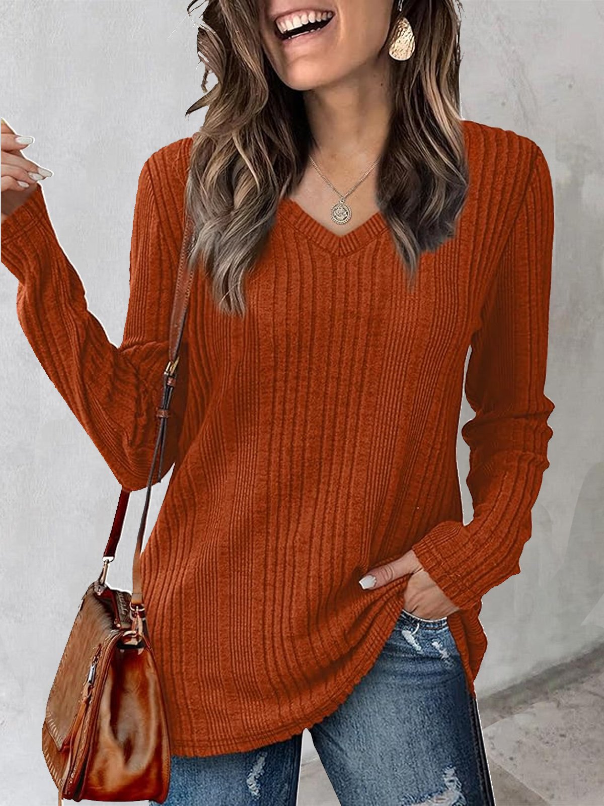 V Neck Casual Plain Knitted Raglan Sleeve T-Shirt