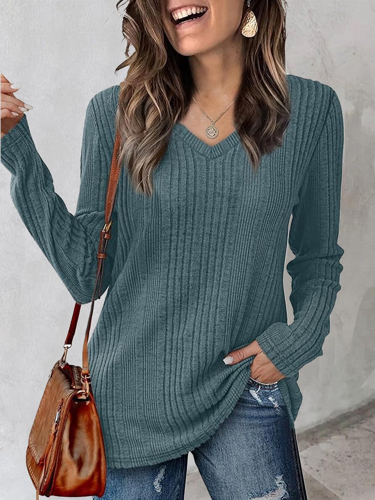 V Neck Casual Plain Knitted Raglan Sleeve T-Shirt