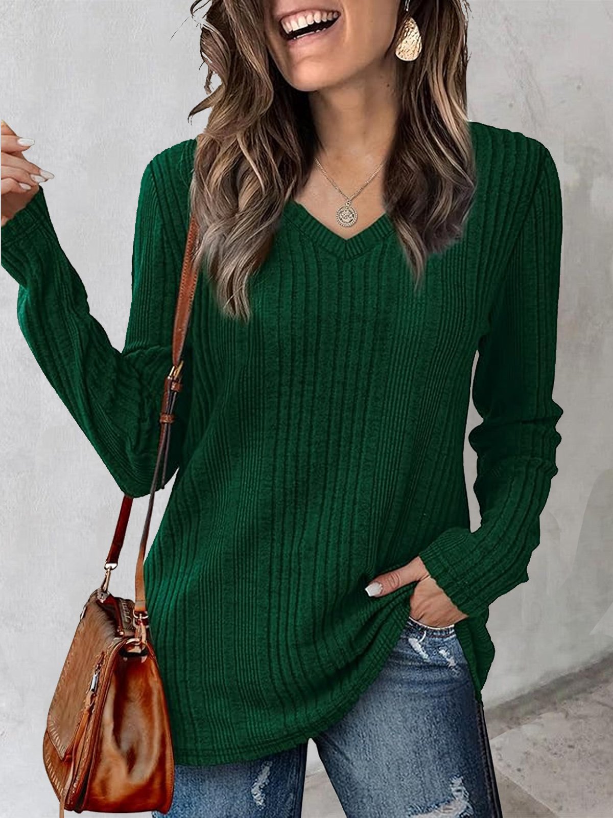 V Neck Casual Plain Knitted Raglan Sleeve T-Shirt